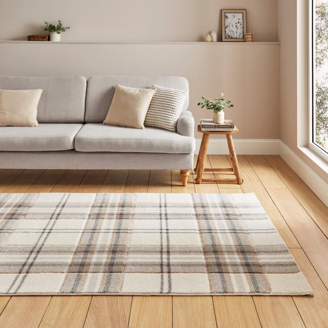Catherine Lansfield Kelso Check Modern Geometric Tartan Durable Easy-Care Carved High Density Polyproplyene Cream/Natural Rug
