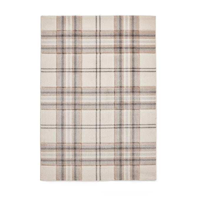 Catherine Lansfield Kelso Check Modern Geometric Tartan Durable Easy-Care Carved High Density Polyproplyene Cream/Natural Rug