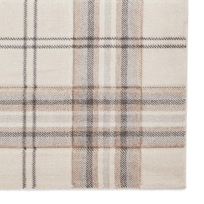 Catherine Lansfield Kelso Check Modern Geometric Tartan Durable Easy-Care Carved High Density Polyproplyene Cream/Natural Rug