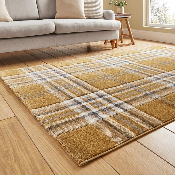 Catherine Lansfield Kelso Check Modern Geometric Tartan Durable Easy-Care Carved High Density Polyproplyene Ochre Rug