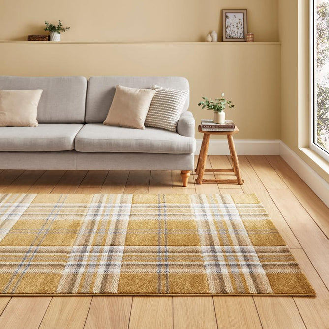Catherine Lansfield Kelso Check Modern Geometric Tartan Durable Easy-Care Carved High Density Polyproplyene Ochre Rug