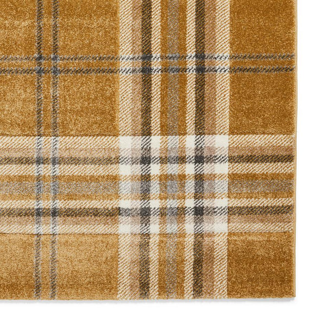 Catherine Lansfield Kelso Check Modern Geometric Tartan Durable Easy-Care Carved High Density Polyproplyene Ochre Rug
