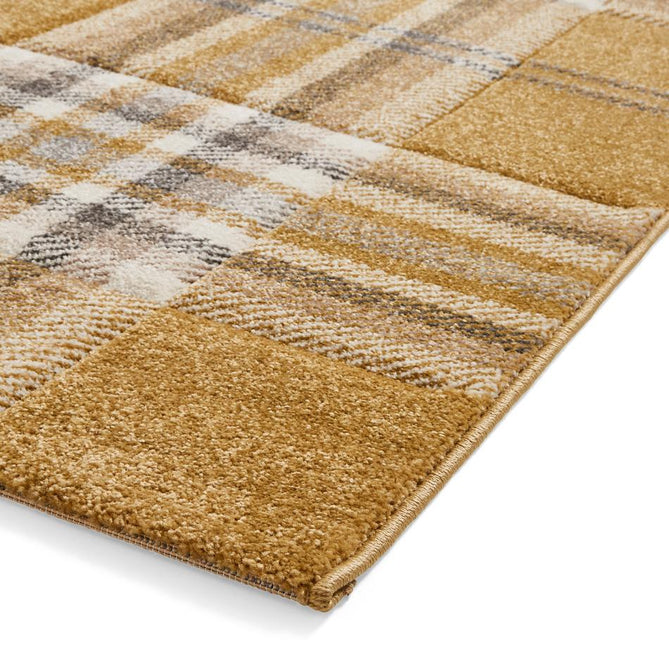 Catherine Lansfield Kelso Check Modern Geometric Tartan Durable Easy-Care Carved High Density Polyproplyene Ochre Rug
