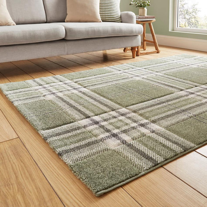 Catherine Lansfield Kelso Check Modern Geometric Tartan Durable Easy-Care Carved High Density Polyproplyene Sage Green Rug