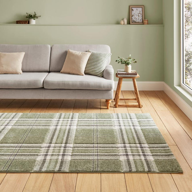 Catherine Lansfield Kelso Check Modern Geometric Tartan Durable Easy-Care Carved High Density Polyproplyene Sage Green Rug
