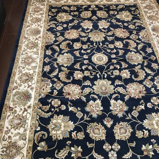 Kendra 3330 B Traditional Persian Classic Floral Vine Bordered Durable Easy-Care Low Profile Short Pile Navy Blue Round Rug-Melrose-Rug Love - The Most Loved Rug Store