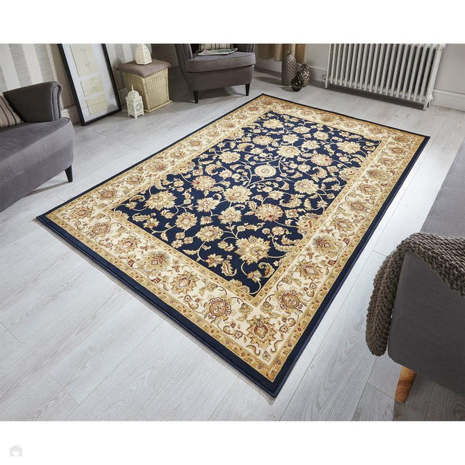 Kendra 3330 B Traditional Persian Classic Floral Vine Bordered Durable Easy-Care Low Profile Short Pile Navy/Beige/Sand Rug-Melrose-Rug Love - The Most Loved Rug Store