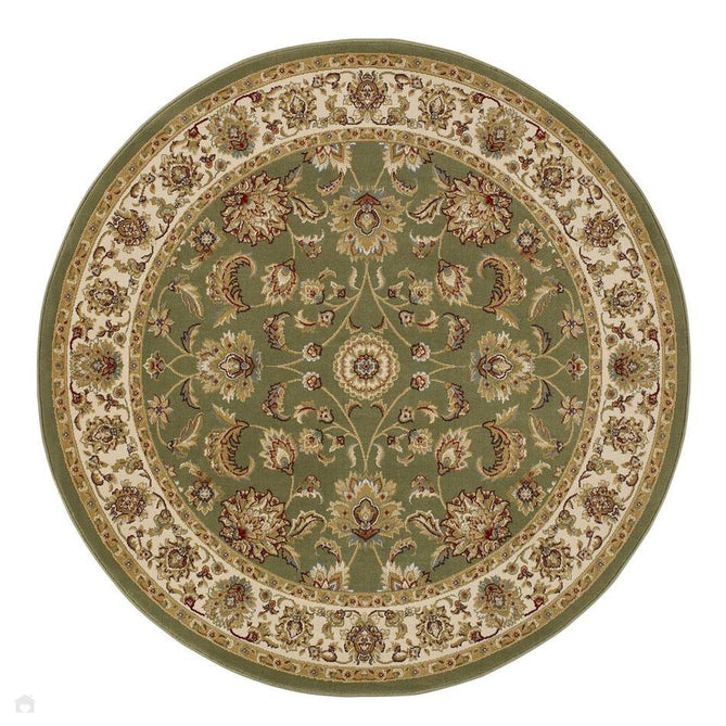 Kendra 3330 G Traditional Persian Classic Floral Vine Bordered Durable Easy-Care Low Profile Short Pile Green Round Rug-Melrose-Rug Love - The Most Loved Rug Store