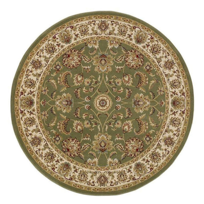 Kendra 3330 G Traditional Persian Classic Floral Vine Bordered Durable Easy-Care Low Profile Short Pile Green Round Rug 120x120 cm