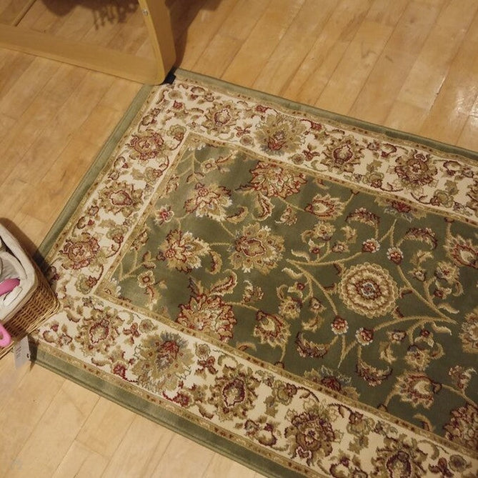 Kendra 3330 G Traditional Persian Classic Floral Vine Bordered Durable Easy-Care Low Profile Short Pile Green/Sand/Cream Rug-Melrose-Rug Love - The Most Loved Rug Store