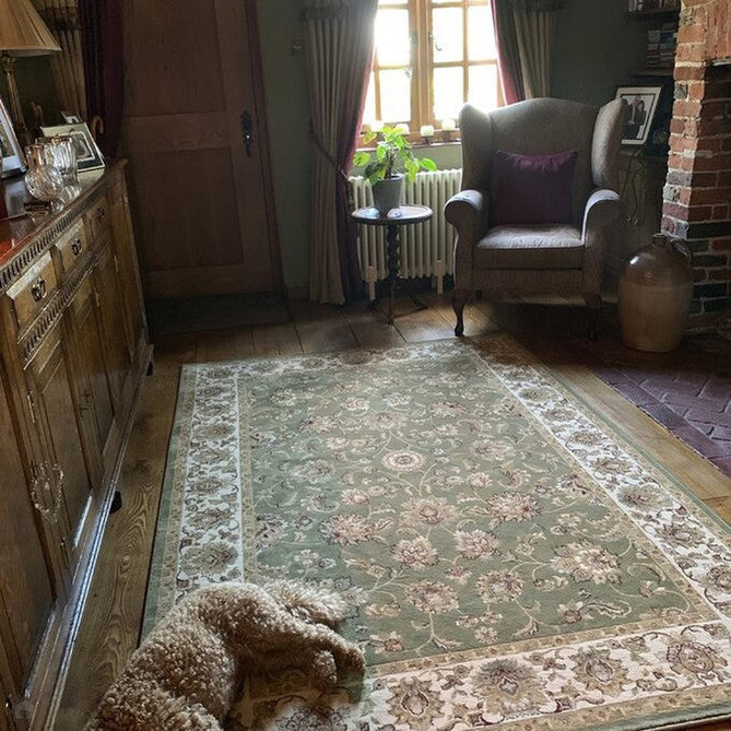 Kendra 3330 G Traditional Persian Classic Floral Vine Bordered Durable Easy-Care Low Profile Short Pile Green/Sand/Cream Rug-Oriental Weavers-Rug Love - The Most Loved Rug Store