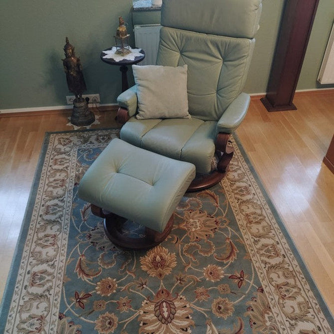 Kendra 45 L Traditional Persian Classic Floral Vine Bordered Durable Easy-Care Low Profile Short Pile Aqua Green Turquoise Duck Egg Rug-Melrose-Rug Love - The Most Loved Rug Store