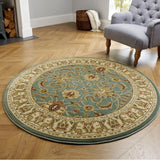 Kendra 45 L Traditional Persian Classic Floral Vine Bordered Durable Easy-Care Low Profile Short Pile Aqua Green Turquoise Round Rug