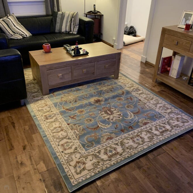 Kendra 45 L Traditional Persian Classic Floral Vine Bordered Durable Easy-Care Low Profile Short Pile Soft Aqua Blue/Duck Egg Green/Muted Teal Green Rug-Melrose-Rug Love - The Most Loved Rug Store