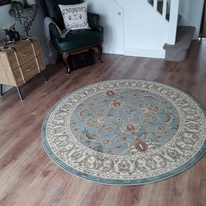 Kendra 45 L Traditional Persian Classic Floral Vine Bordered Durable Easy-Care Low Profile Short Pile Soft Aqua Blue/Duck Egg Green/Muted Teal Green Rug-Melrose-Rug Love - The Most Loved Rug Store