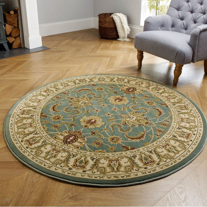 Kendra 45 L Traditional Persian Classic Floral Vine Bordered Durable Easy-Care Low Profile Short Pile Soft Aqua Blue/Duck Egg Green/Muted Teal Green Rug-Melrose-Rug Love - The Most Loved Rug Store