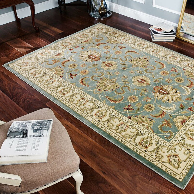 Kendra 45 L Traditional Persian Classic Floral Vine Bordered Durable Easy-Care Low Profile Short Pile Soft Aqua Blue/Duck Egg Green/Muted Teal Green Rug-Melrose-Rug Love - The Most Loved Rug Store