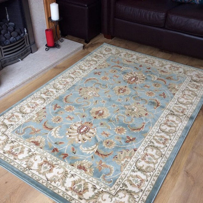 Kendra 45 L Traditional Persian Classic Floral Vine Bordered Durable Easy-Care Low Profile Short Pile Soft Aqua Blue/Duck Egg Green/Muted Teal Green Rug-Melrose-Rug Love - The Most Loved Rug Store