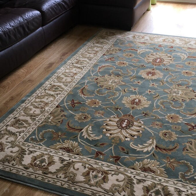 Kendra 45 L Traditional Persian Classic Floral Vine Bordered Durable Easy-Care Low Profile Short Pile Soft Aqua Blue/Duck Egg Green/Muted Teal Green Rug-Melrose-Rug Love - The Most Loved Rug Store