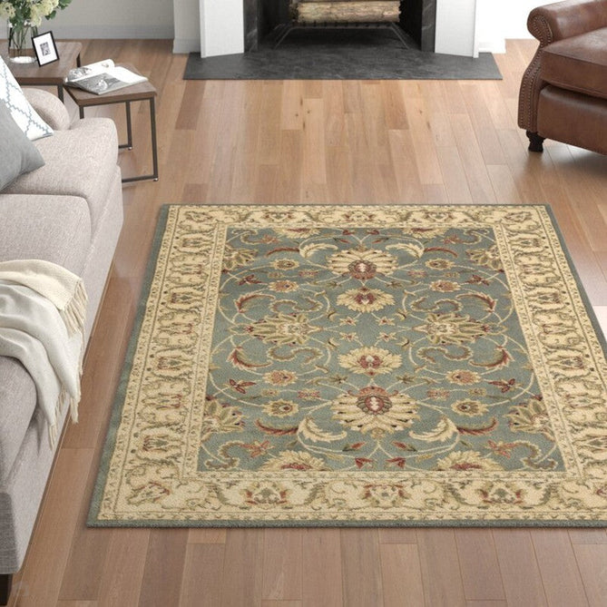 Kendra 45 L Traditional Persian Classic Floral Vine Bordered Durable Easy-Care Low Profile Short Pile Soft Aqua Blue/Duck Egg Green/Muted Teal Green Rug-Melrose-Rug Love - The Most Loved Rug Store