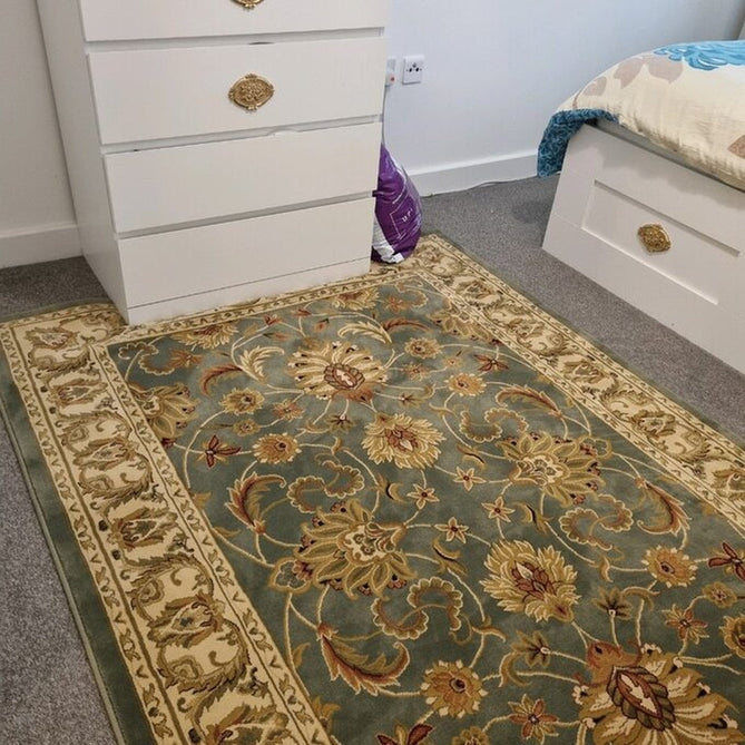 Kendra 45 L Traditional Persian Classic Floral Vine Bordered Durable Easy-Care Low Profile Short Pile Soft Aqua Blue/Duck Egg Green/Muted Teal Green Rug-Melrose-Rug Love - The Most Loved Rug Store