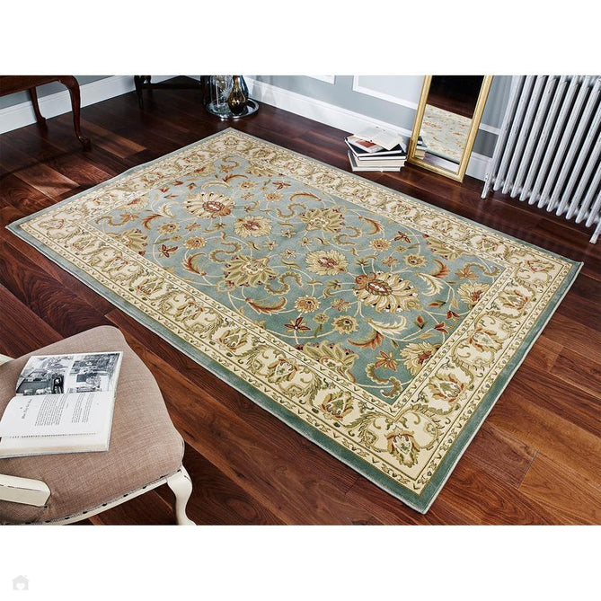 Kendra 45 L Traditional Persian Classic Floral Vine Bordered Durable Easy-Care Low Profile Short Pile Soft Aqua Blue/Duck Egg Green/Muted Teal Green Runner-Melrose-Rug Love - The Most Loved Rug Store