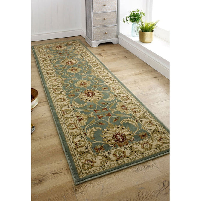 Kendra 45 L Traditional Persian Classic Floral Vine Bordered Durable Easy-Care Low Profile Short Pile Soft Aqua Blue/Duck Egg Green/Muted Teal Green Runner-Melrose-Rug Love - The Most Loved Rug Store