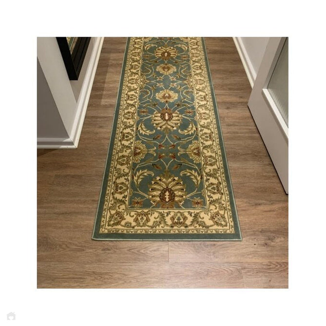 Kendra 45 L Traditional Persian Classic Floral Vine Bordered Durable Easy-Care Low Profile Short Pile Soft Aqua Blue/Duck Egg Green/Muted Teal Green Runner-Melrose-Rug Love - The Most Loved Rug Store