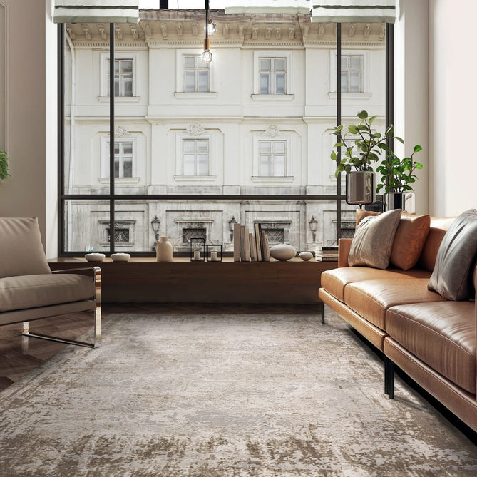 Kuza Border Modern Abstract Distressed Shimmer Hi-Lo Textured Soft Velvety Touch High-Density Durable Easy-Care Short Pile Beige/Light Grey/Cream Rug-Asiatic Carpets-Rug Love - The Most Loved Rug Store