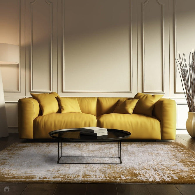 Kuza Border Modern Abstract Distressed Shimmer Hi-Lo Textured Soft Velvety Touch High-Density Durable Easy-Care Short Pile Gold/Light Grey/Cream Rug-Asiatic Carpets-Rug Love - The Most Loved Rug Store