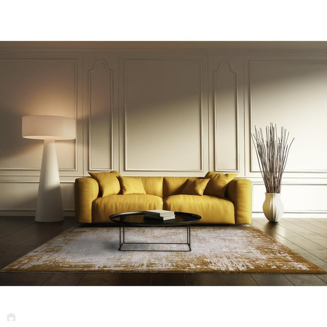 Kuza Border Modern Abstract Distressed Shimmer Hi-Lo Textured Soft Velvety Touch High-Density Durable Easy-Care Short Pile Gold/Light Grey/Cream Runner-Asiatic Carpets-Rug Love - The Most Loved Rug Store