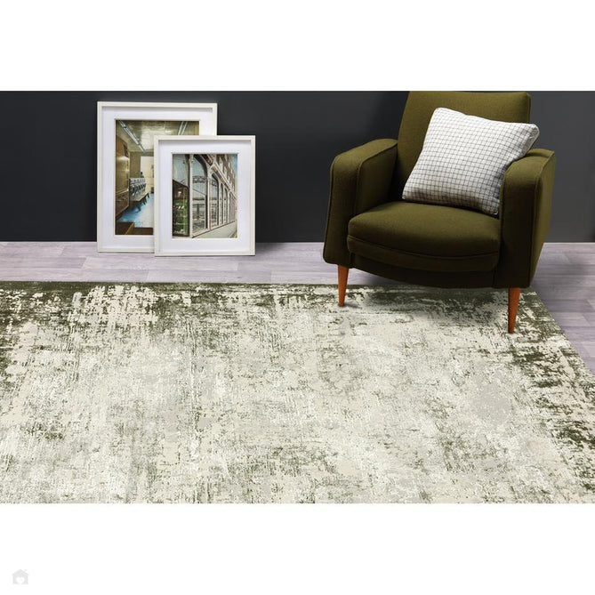 Kuza Border Modern Abstract Distressed Shimmer Hi-Lo Textured Soft Velvety Touch High-Density Durable Easy-Care Short Pile Khaki/Light Grey/Cream Rug-Asiatic Carpets-Rug Love - The Most Loved Rug Store