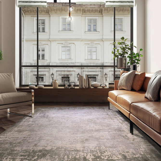 Kuza Border Modern Abstract Distressed Shimmer Hi-Lo Textured Soft Velvety Touch High-Density Durable Easy-Care Short Pile Khaki/Light Grey/Cream Rug-Asiatic Carpets-Rug Love - The Most Loved Rug Store