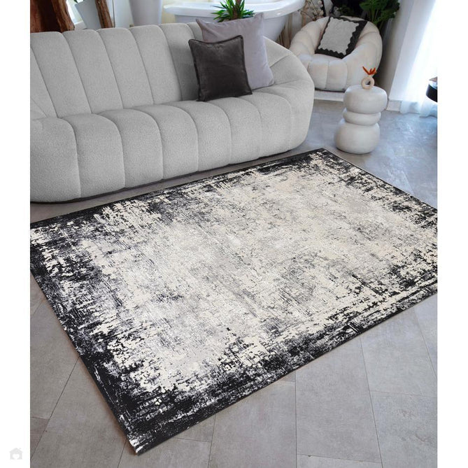 Kuza Border Modern Abstract Distressed Shimmer Hi-Lo Textured Soft Velvety Touch High-Density Durable Easy-Care Short Pile Light Grey/Charcoal/Cream Rug-Asiatic Carpets-Rug Love - The Most Loved Rug Store