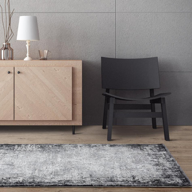 Kuza Border Modern Abstract Distressed Shimmer Hi-Lo Textured Soft Velvety Touch High-Density Durable Easy-Care Short Pile Light Grey/Charcoal/Cream Rug-Asiatic Carpets-Rug Love - The Most Loved Rug Store