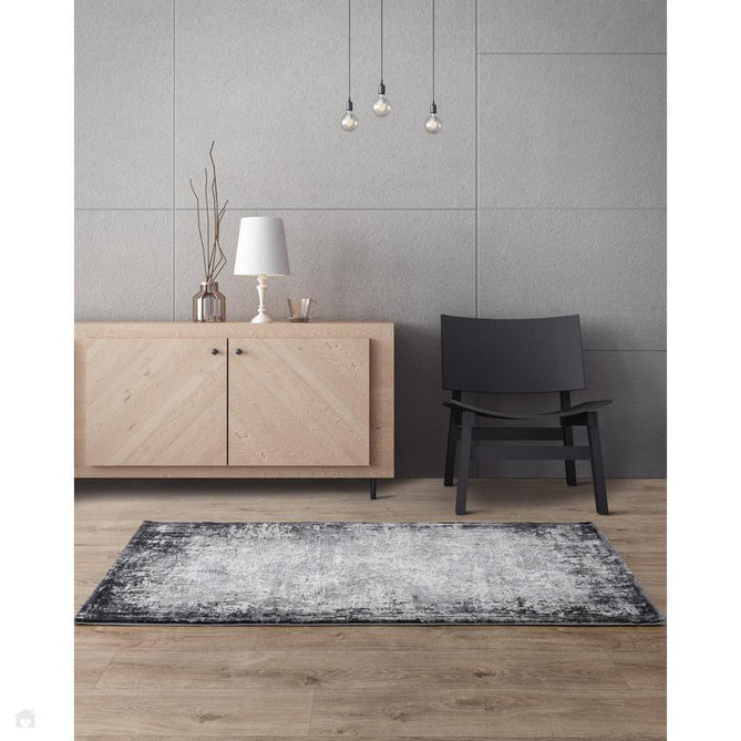 Kuza Border Modern Abstract Distressed Shimmer Hi-Lo Textured Soft Velvety Touch High-Density Durable Easy-Care Short Pile Light Grey/Charcoal/Cream Runner-Asiatic Carpets-Rug Love - The Most Loved Rug Store