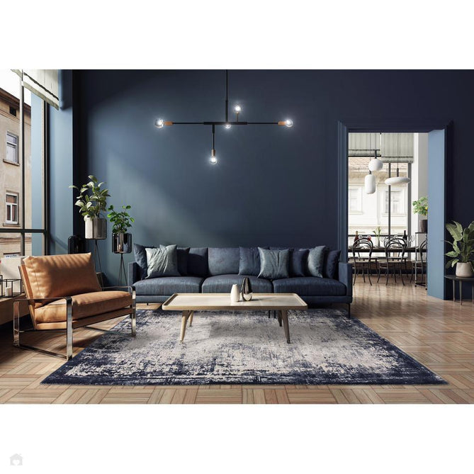 Kuza Border Modern Abstract Distressed Shimmer Hi-Lo Textured Soft Velvety Touch High-Density Durable Easy-Care Short Pile Navy/Light Grey/Cream Rug 160x230 cm-Shop Returns-Rug Love - The Most Loved Rug Store