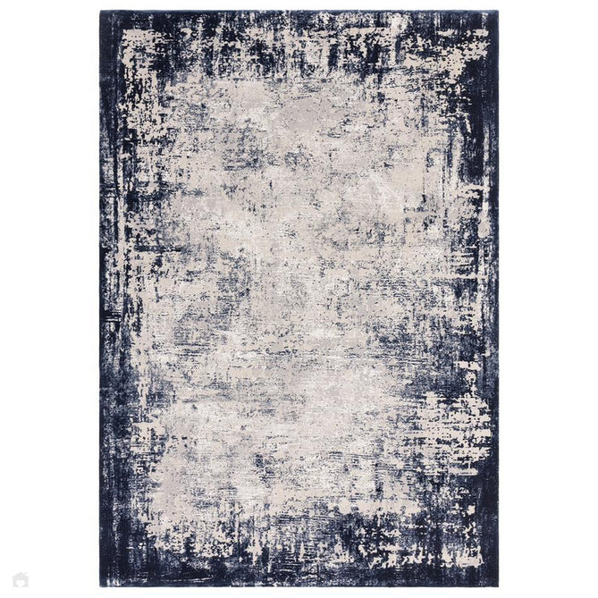Kuza Border Modern Abstract Distressed Shimmer Hi-Lo Textured Soft Velvety Touch High-Density Durable Easy-Care Short Pile Navy/Light Grey/Cream Blue Runner-Asiatic Carpets-Rug Love - The Most Loved Rug Store