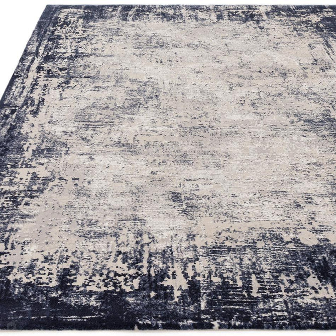 Kuza Border Modern Abstract Distressed Shimmer Hi-Lo Textured Soft Velvety Touch High-Density Durable Easy-Care Short Pile Navy/Light Grey/Cream Blue Runner-Asiatic Carpets-Rug Love - The Most Loved Rug Store