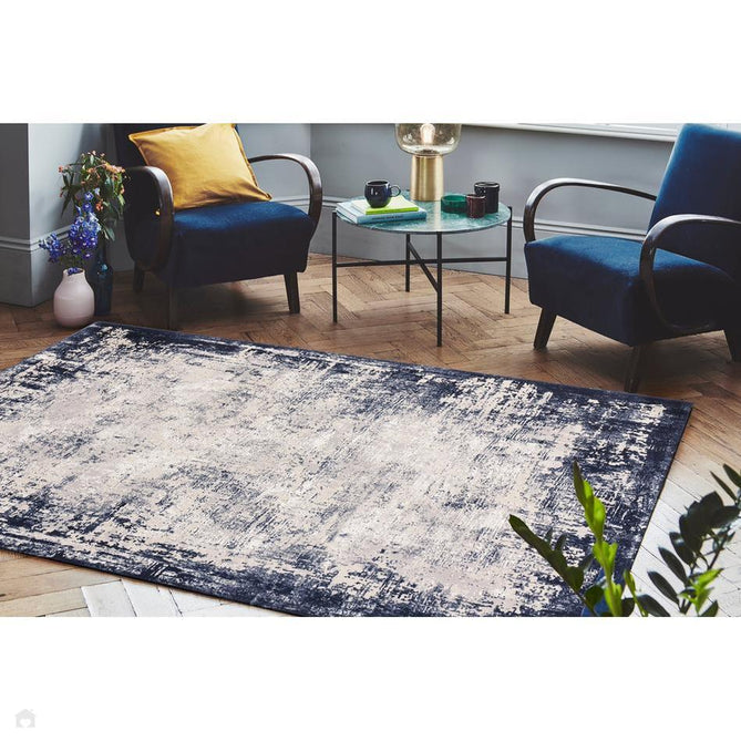 Kuza Border Modern Abstract Distressed Shimmer Hi-Lo Textured Soft Velvety Touch High-Density Durable Easy-Care Short Pile Navy/Light Grey/Cream Rug-Asiatic Carpets-Rug Love - The Most Loved Rug Store
