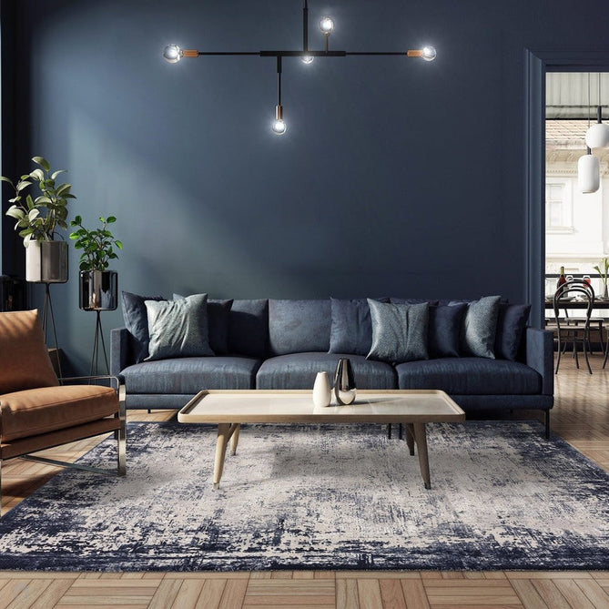 Kuza Border Modern Abstract Distressed Shimmer Hi-Lo Textured Soft Velvety Touch High-Density Durable Easy-Care Short Pile Navy/Light Grey/Cream Rug-Asiatic Carpets-Rug Love - The Most Loved Rug Store