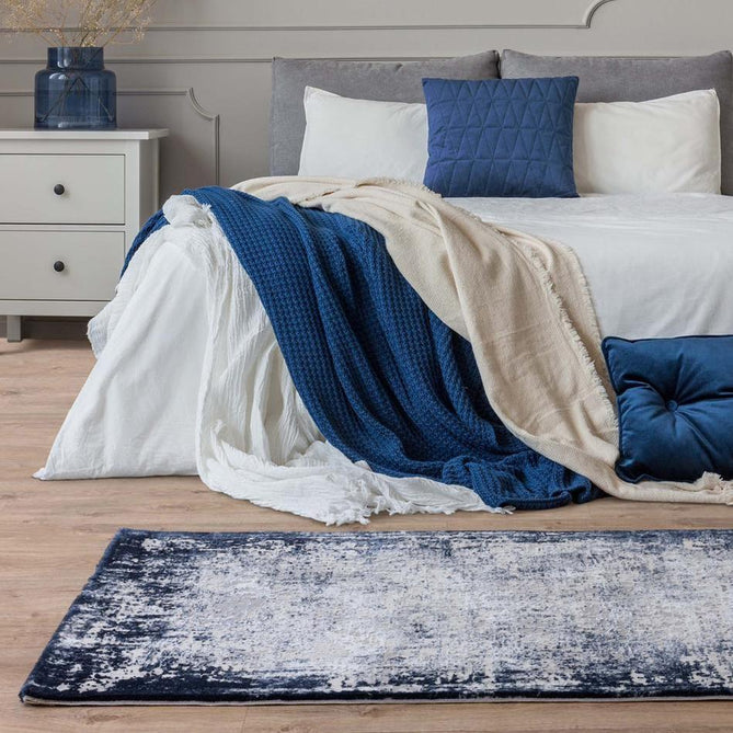Kuza Border Modern Abstract Distressed Shimmer Hi-Lo Textured Soft Velvety Touch High-Density Durable Easy-Care Short Pile Navy/Light Grey/Cream Rug-Asiatic Carpets-Rug Love - The Most Loved Rug Store