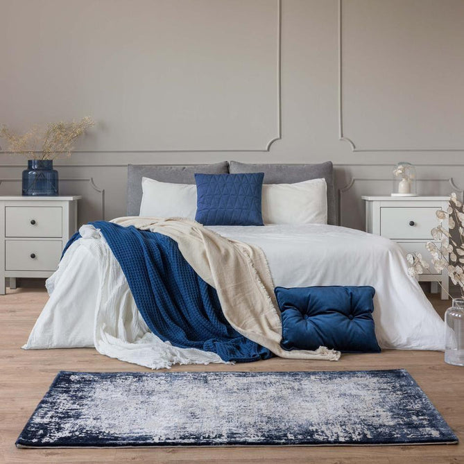 Kuza Border Modern Abstract Distressed Shimmer Hi-Lo Textured Soft Velvety Touch High-Density Durable Easy-Care Short Pile Navy/Light Grey/Cream Rug-Asiatic Carpets-Rug Love - The Most Loved Rug Store