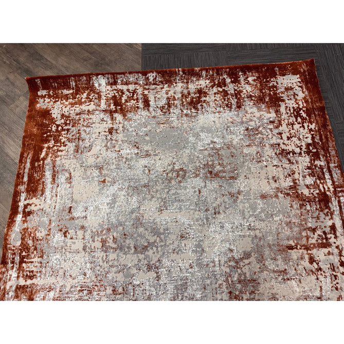 Kuza Border Modern Abstract Distressed Shimmer Hi-Lo Textured Soft Velvety Touch High-Density Durable Easy-Care Short Pile Terracotta/Light Grey/Cream Runner