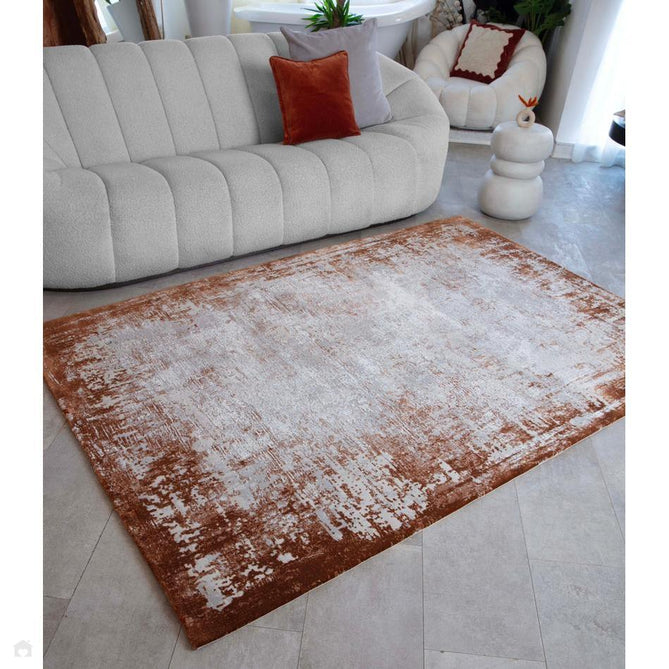 Kuza Border Modern Abstract Distressed Shimmer Hi-Lo Textured Soft Velvety Touch High-Density Durable Easy-Care Short Pile Terracotta/Light Grey/Cream Rug-Asiatic Carpets-Rug Love - The Most Loved Rug Store
