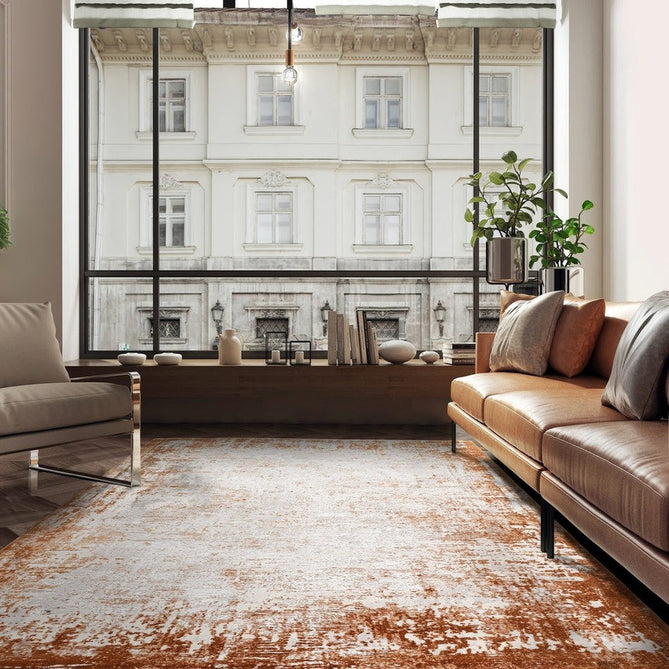 Kuza Border Modern Abstract Distressed Textured Soft-Touch Terracotta/Light Grey/Cream Rug-Asiatic Carpets-Rug Love - The Most Loved Rug Store