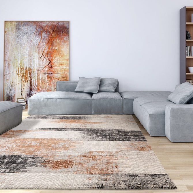 Kuza Lines Ikat Modern Abstract Distressed Shimmer Hi-Lo Textured Soft Velvety Touch High-Density Durable Easy-Care Short Pile Terracotta/Light Grey/Black/Ivory Rug-Asiatic Carpets-Rug Love - The Most Loved Rug Store