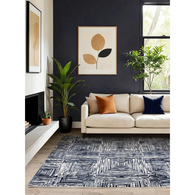 Kuza Portrait Modern Abstract Distressed Shimmer Hi-Lo Textured Soft Velvety Touch High-Density Durable Easy-Care Short Pile Navy Blue/Cream/Grey Rug-Asiatic Carpets-Rug Love - The Most Loved Rug Store