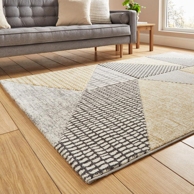 Catherine Lansfield Larsson Geo Modern Abstract Durable Easy-Care Carved High Density Polyproplyene Ochre/Grey Rug