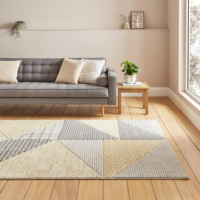 Catherine Lansfield Larsson Geo Modern Abstract Durable Easy-Care Carved High Density Polyproplyene Ochre/Grey Rug